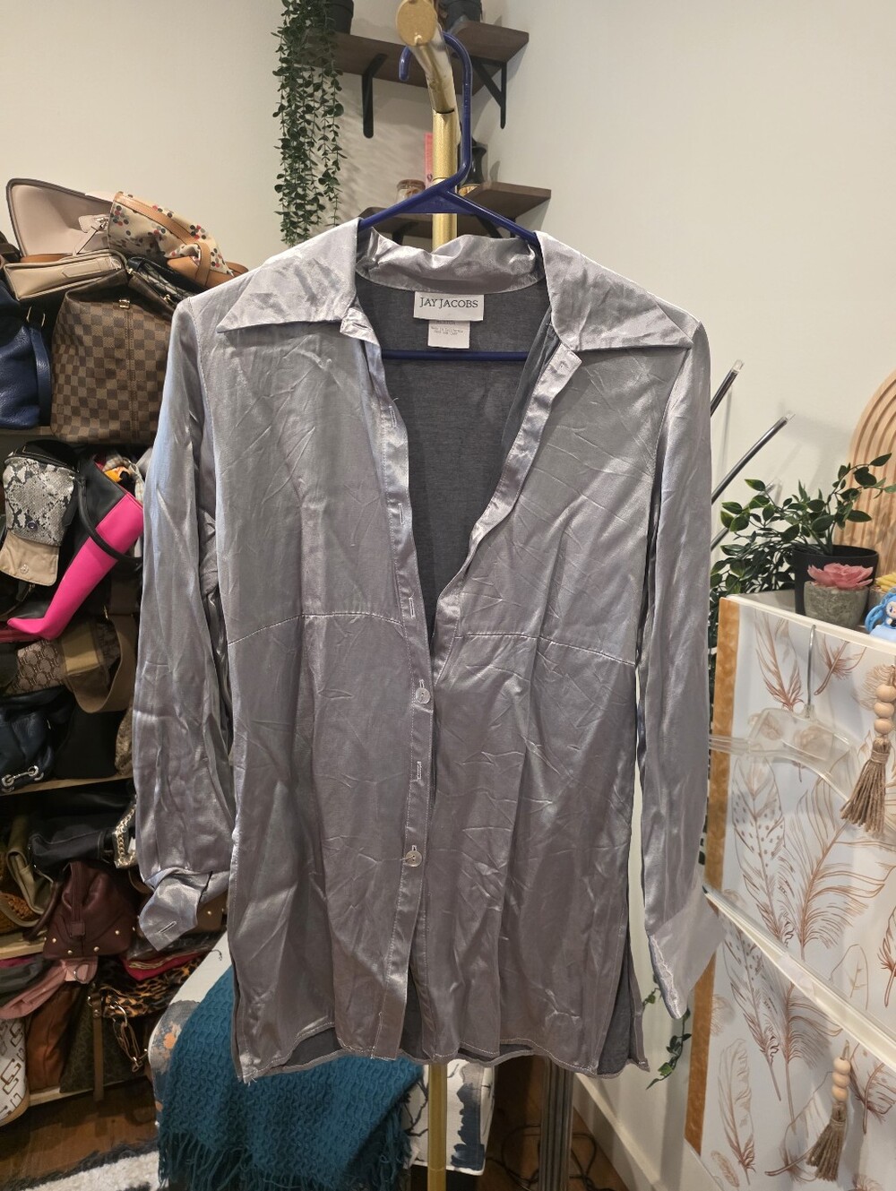 Vintage Jay Jacob Silver Satin Button-Front Shirt *Missing Buttons*
